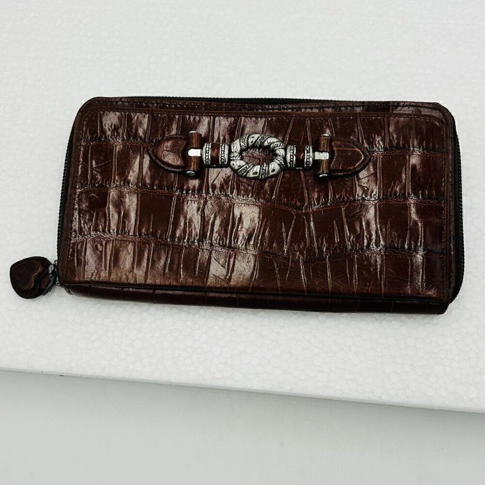Brighton Reddish Brown Croc Leather Zip Around Check Book Wallet Vintage